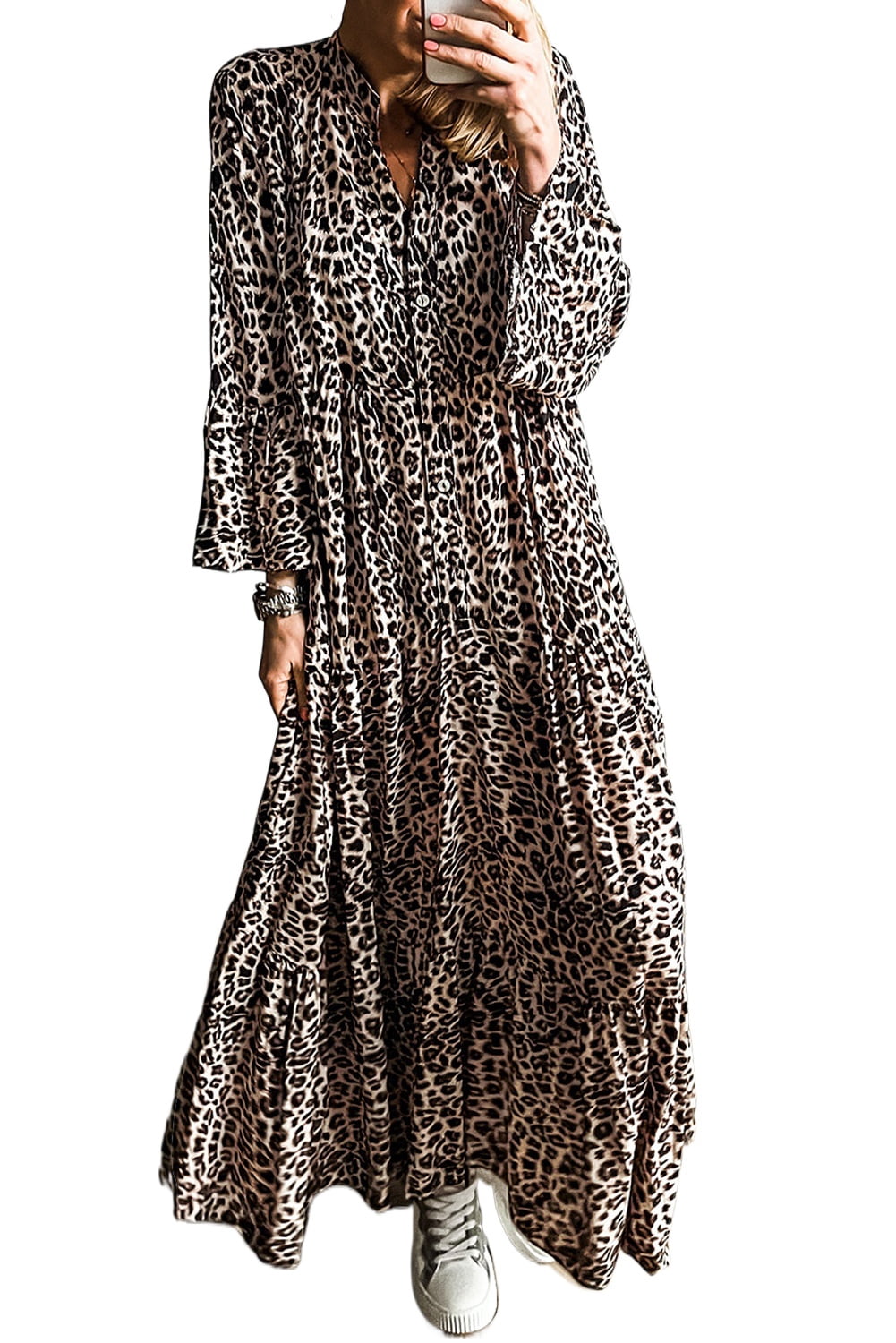 Women's Elegant Apricot Leopard Print Tiered Wide Sleeve Maxi Dress |  [ZhiHiMeRi] | (US 12-14)L - Walmart.com