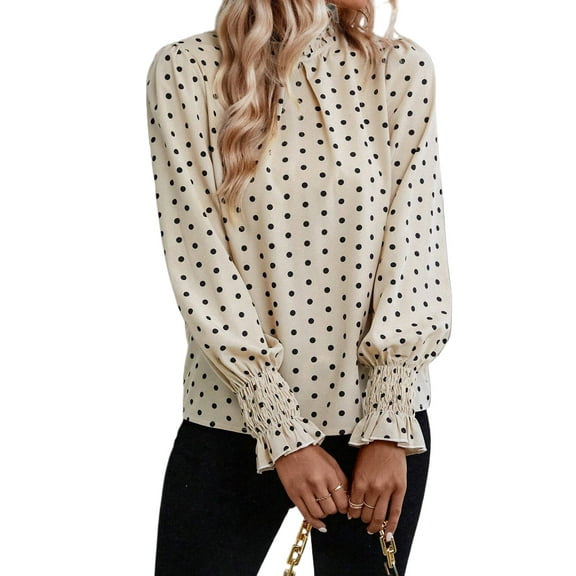 Women's Elegant Apricot Polka Dot Print Blouse with Frilled Collar and Lantern Sleeves - [ZhiHiMeRi] | (US 16-18)XL