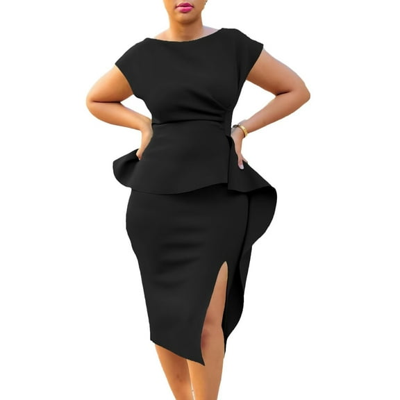 Women's Elegant Basic Bodycon Ruffle Flared Solid Crew Neck Pencil Midi Dress