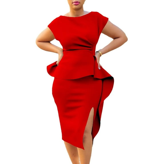 Women's Elegant Basic Bodycon Ruffle Flared Solid Crew Neck Pencil Midi Dress