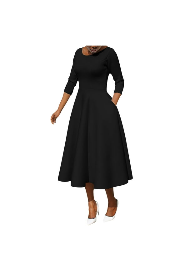 Women's Elegant Bell Sleeve Cocktail Party Dresses for Wedding Guest Fit and Flare Modest Church Midi Evening Dress