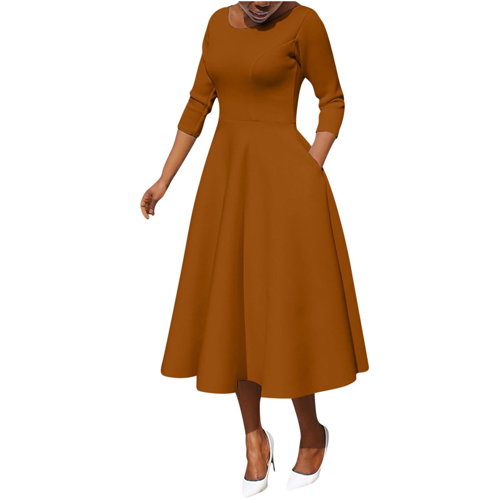 Women's Elegant Bell Sleeve Cocktail Party Dresses for Wedding Guest Fit and Flare Modest Church Midi Evening Dress