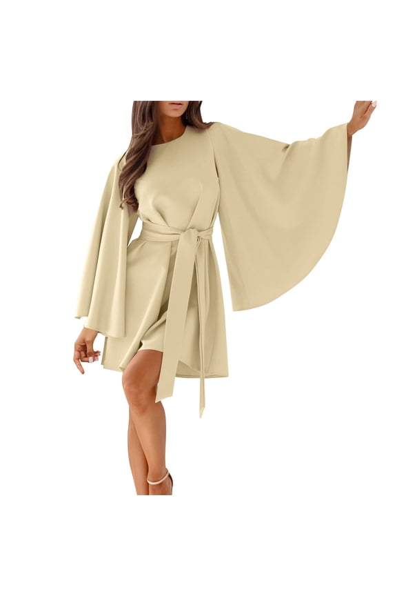 Women's Elegant Bell Sleeve Mini Dress Loose Belted Waist Wedding Guest Cocktail Party Evening Dresses 2025