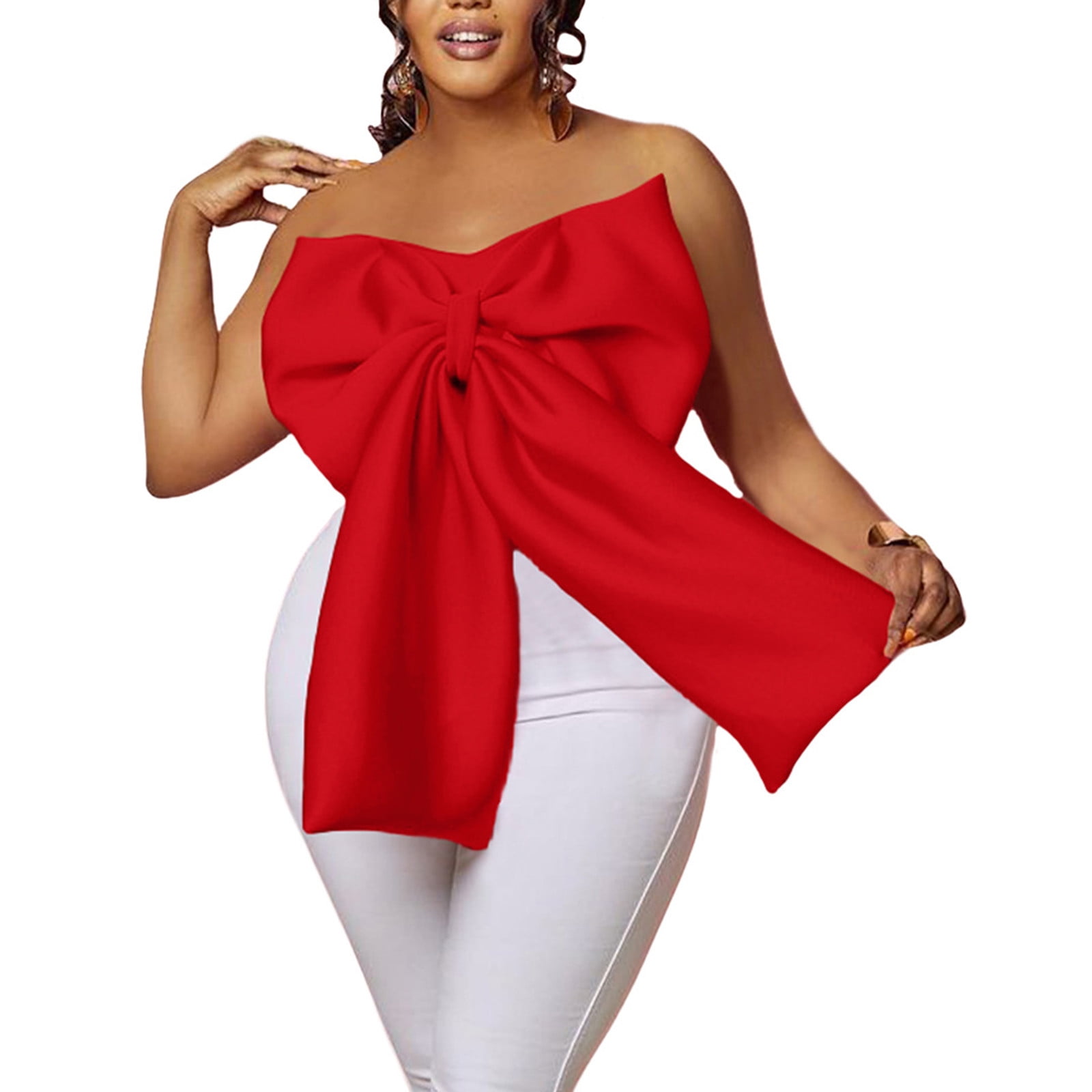 Women's Elegant Big Bow Tie Tube Tops Strapless Off Shoulder Sexy Backless Solid Tank Crop Shirts
