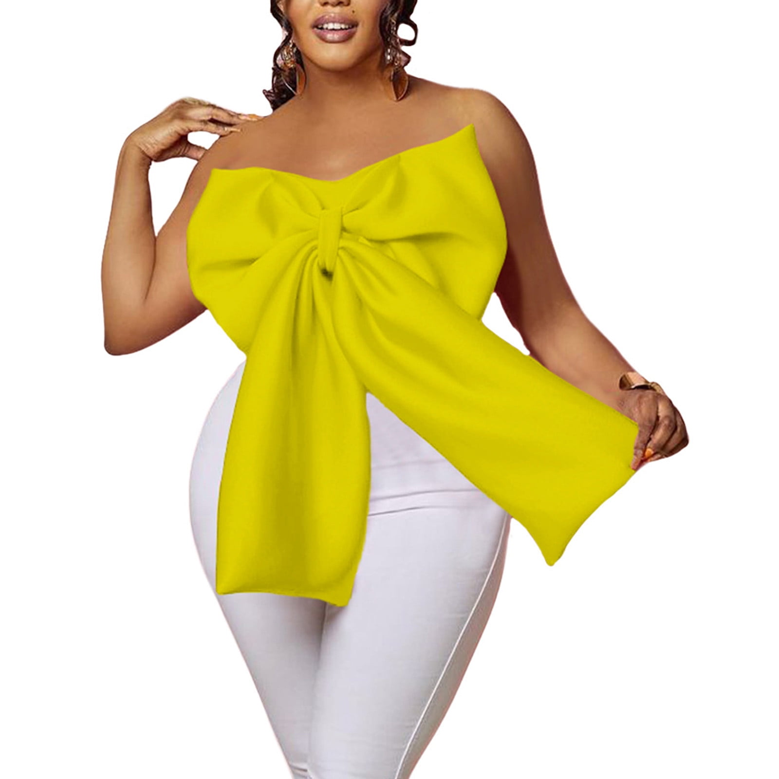 Women's Elegant Big Bow Tie Tube Tops Strapless Off Shoulder Sexy Backless Solid Tank Crop Shirts