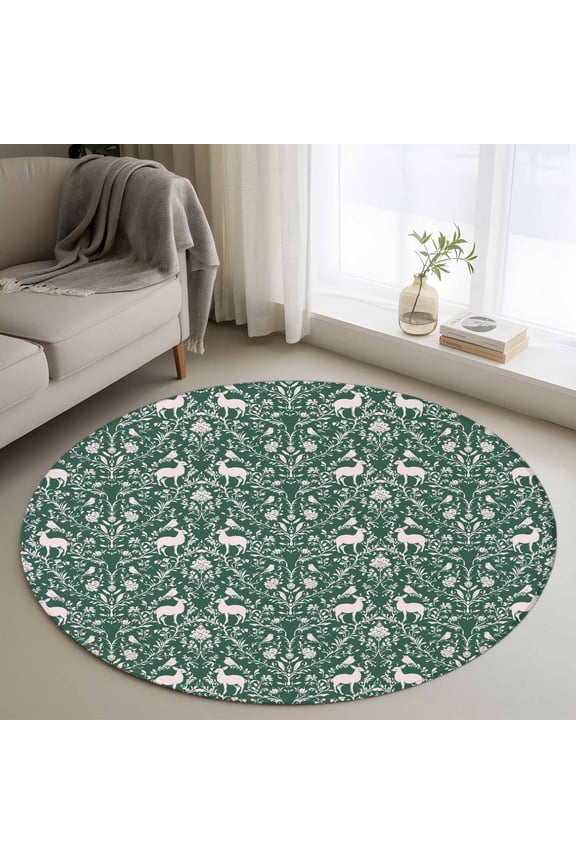 Round Area Rug 3ft,Retro Reindeer Flower Leaves Washable Carpet Non-Slip Runner Accent Rugs Indoor Floor Mat for Bedroom Living Room Decor,Seamless Silhouette on Green