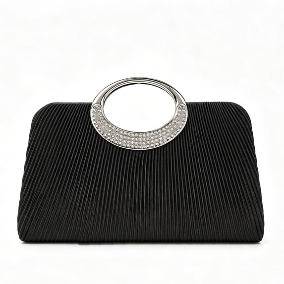 Women’s Elegant Black Pleated Evening Clutch Bag with Rhinestone Circular Handle, Formal Wedding Party Prom Handbag, Crossbody Shoulder Chain Bag