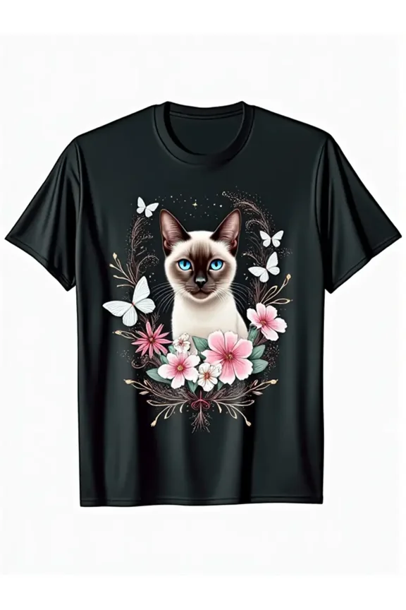 Women's Elegant Black Siamese Cat & Floral Butterfly Print T-Shirt - Soft Cotton Short Sleeve Round Neck Casual Top with Siamese Cat Face, Blue Eyes, Pink Flowers & Green