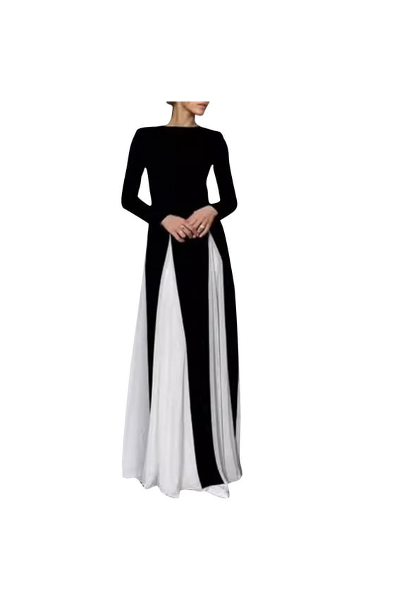 Women's Elegant Black White Patchwork Maxi Dress - Retro Long Sleeve Empire Waist Swing Evening Party Cocktail Dress