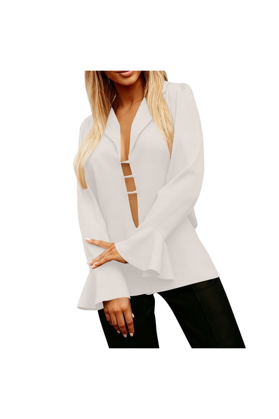 Women's Elegant Blazers Lapel Neck Ruffle Long Sleeve Business Blouse Button Down Deep V Neck Bell Sleeve Office Suit Jackets