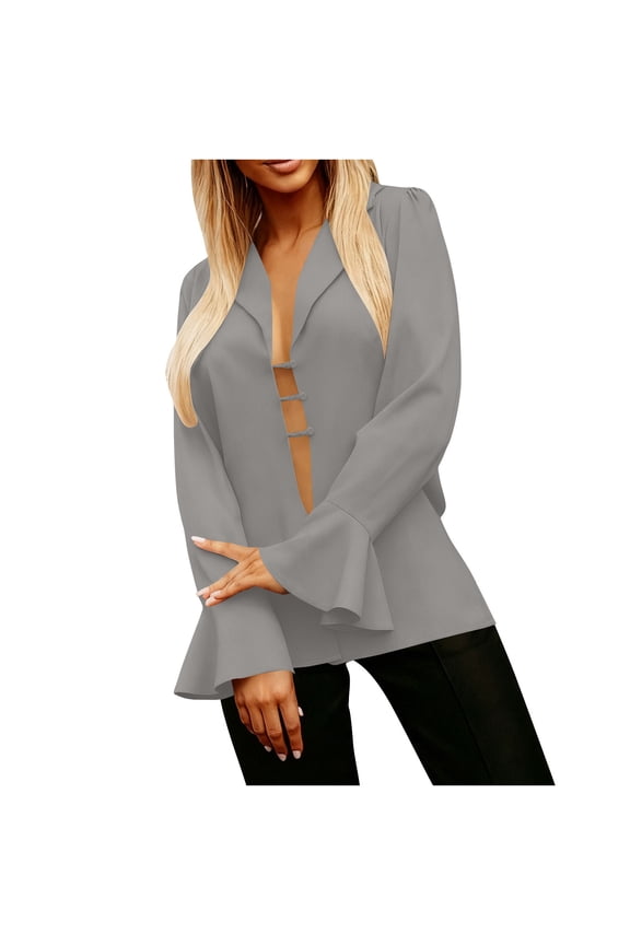 Women's Elegant Blazers Lapel Neck Ruffle Long Sleeve Business Blouse Button Down Deep V Neck Bell Sleeve Office Suit Jackets
