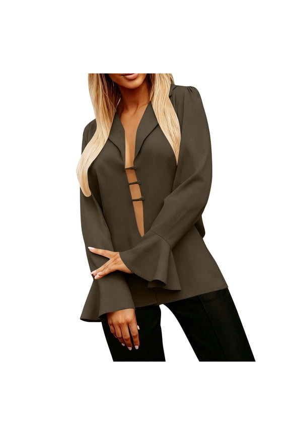 Women's Elegant Blazers Lapel Neck Ruffle Long Sleeve Business Blouse Button Down Deep V Neck Bell Sleeve Office Suit Jackets