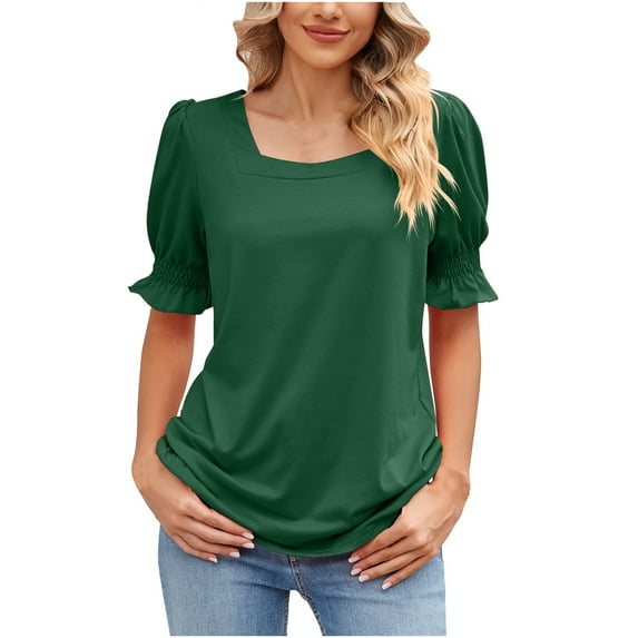 Women's Elegant Blouses Short Sleeve Elastic Ruffled Shrug Shoulder Square Neck Shirts Tunic Tops Solid T-shirts 2025 Green,M