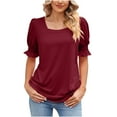 thumbnail image 1 of Women's Elegant Blouses Short Sleeve Elastic Ruffled Shrug Shoulder Square Neck Shirts Tunic Tops Solid T-shirts 2025 Wine,XL, 1 of 6