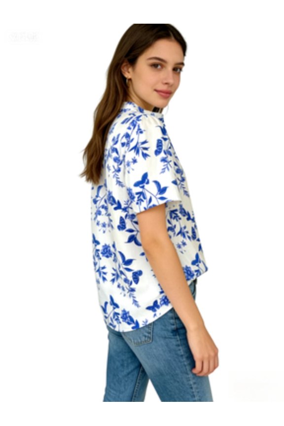Botanical Print Puff Sleeve V-Neck Blouse (Women's)