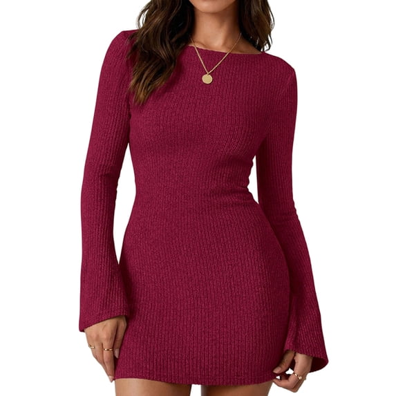 Women's Elegant Boat Neck Long Flare Sleeve Ribbed Slim Fit Bodycon Knit Mini Dress Red S