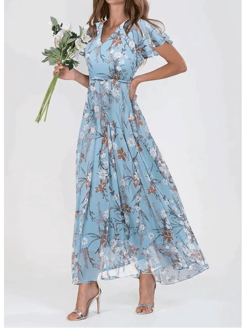 flowy boho summer dresses Women's Elegant Floral Chiffon Maxi Dress Casual V Neck Ruffle Short Sleeve wk32