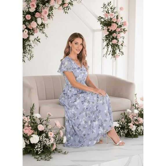 Women's Elegant Boho Floral Chiffon Maxi Dress Casual Summer V Neck Ruffle Short Sleeve Flowy Dresses