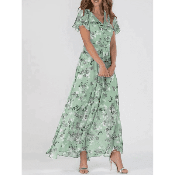 Women's Elegant Boho Floral Chiffon Maxi Dress Casual Summer V Neck Ruffle Short Sleeve Flowy Dresses