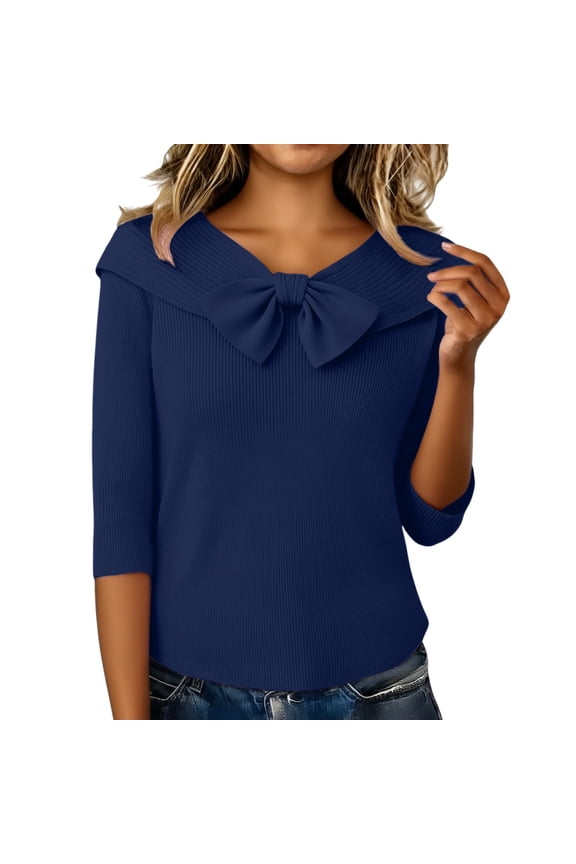 Women's Elegant Bow Decor Knit Pullover, Sailor Collar Spring Summer Knit Top Sailor Collar Knit Blouse Elegant Bow Decor Knit Pullover Casual Office Half-Sleeve Knit Top, Navy L