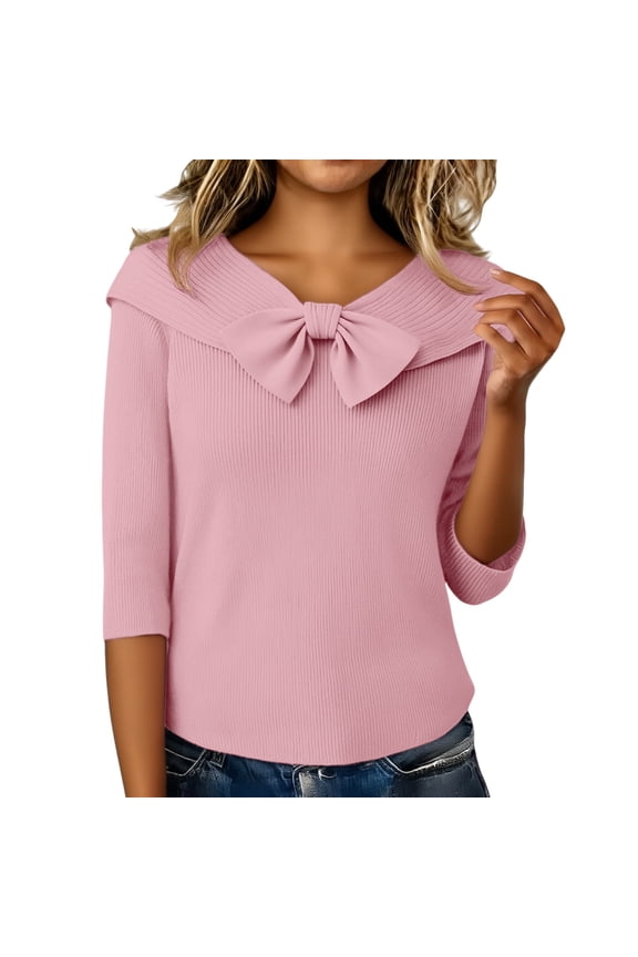 Women's Elegant Bow Decor Knit Pullover, Spring Summer Half-Sleeve Knit Blouse Fitted Sailor Collar Knit Pullover Plus Size Bow Sweater Casual Office Half-Sleeve Knit Top, Pink 5XL