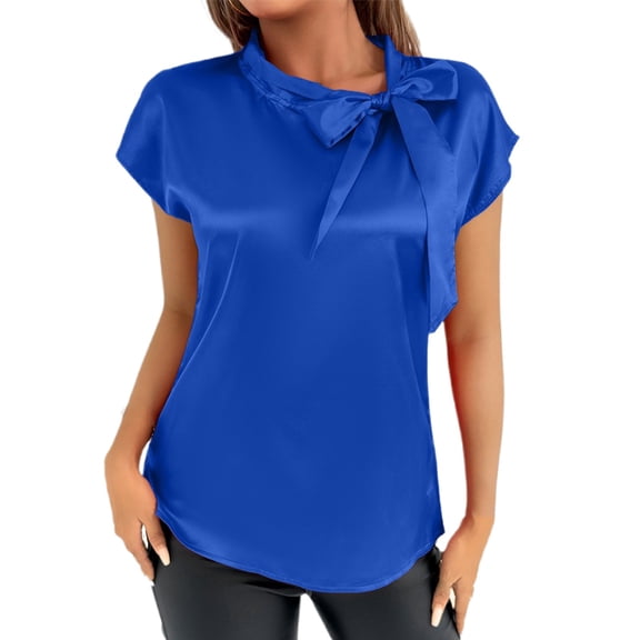 Women's Elegant Bow Neck Satin T Shirt Casual Blouse Summer Spring Top Tee Ribbon Collar Comfortable Stylish Fashionable