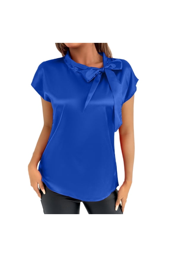 Women's Elegant Bow Neck Satin T Shirt Casual Blouse Summer Spring Top Tee Ribbon Collar Comfortable Stylish Fashionable