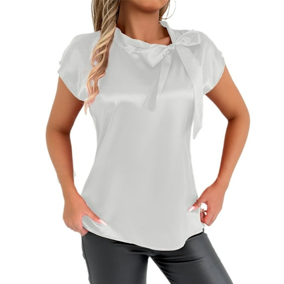 Women's Elegant Bow Neck Satin T Shirt Casual Blouse Summer Spring Top Tee Ribbon Collar Comfortable Stylish Fashionable