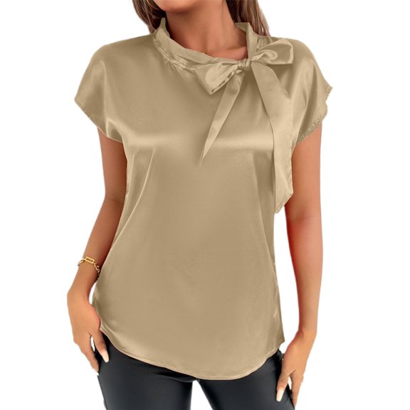 Women's Elegant Bow Neck Satin T Shirt Casual Blouse Summer Spring Top Tee Ribbon Collar Comfortable Stylish Fashionable