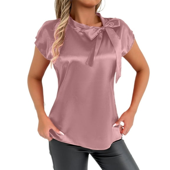 Women's Elegant Bow Neck Satin T Shirt Casual Blouse Summer Spring Top Tee Ribbon Collar Comfortable Stylish Fashionable