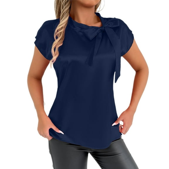 Women's Elegant Bow Neck Satin T Shirt Casual Blouse Summer Spring Top Tee Ribbon Collar Comfortable Stylish Fashionable