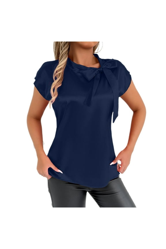 Women's Elegant Bow Neck Satin T Shirt Casual Blouse Summer Spring Top Tee Ribbon Collar Comfortable Stylish Fashionable