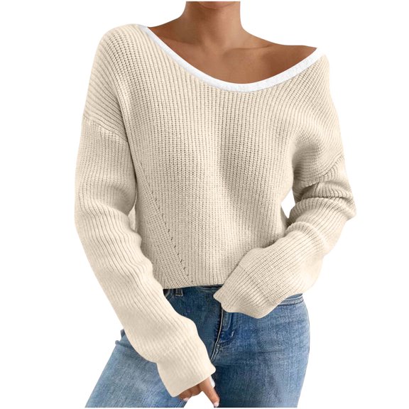 Women's Elegant Bowknot Back Sweaters, Pullover Loose Long Sleeve Split Back Casual Knitted Sweater Tops Beige M