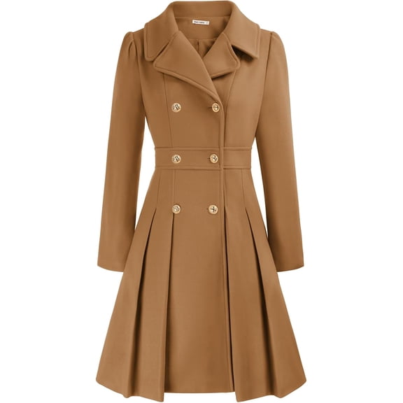 Women's Elegant British Style Trench Coat Lapel Collar Double Breasted A Line Mid Long Jacket with Pockets
