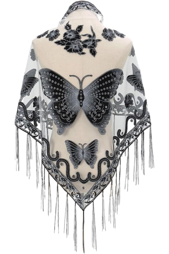 Women’s Elegant Butterfly Print Shawls and Wraps for Evening Dresses Triangle Shawl Wraps Fringed Evening Cape