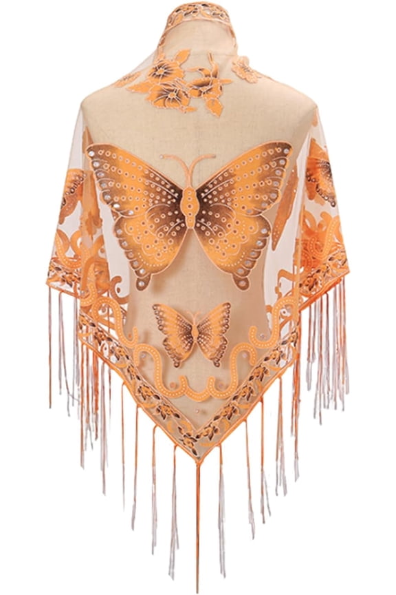 Women’s Elegant Butterfly Print Shawls and Wraps for Evening Dresses Triangle Shawl Wraps Fringed Evening Cape