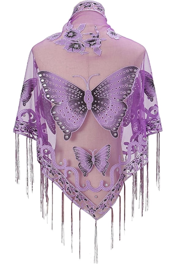 Women’s Elegant Butterfly Print Shawls and Wraps for Evening Dresses Triangle Shawl Wraps Fringed Evening Cape