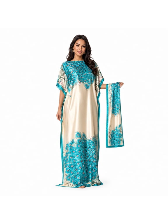 Women's Elegant Chic Geometric Print Robe Set Plus Size Satin Silk Caftan Moo Moos with Matching Head Scarf for Beach