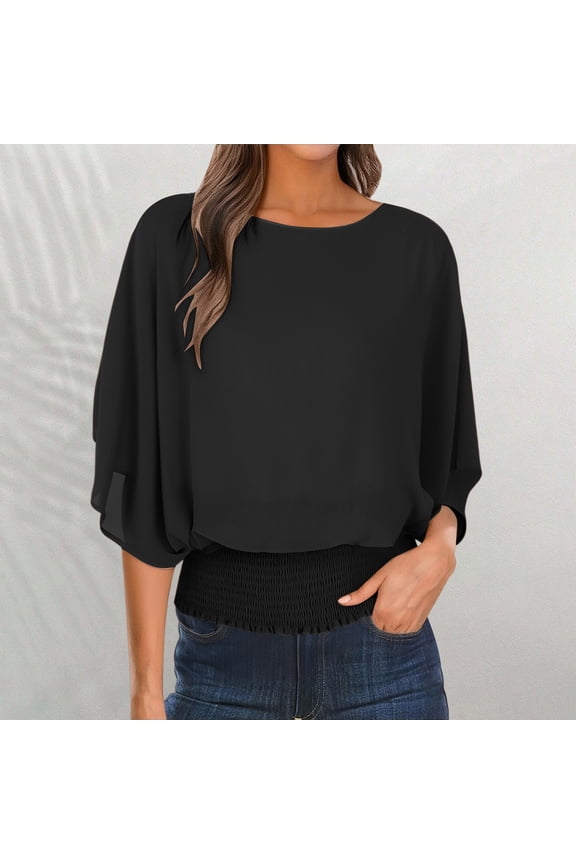Women's Elegant Chiffon Blouse, Boat Neck Batwing Sleeve Poncho Top with Elastic Hem Cinch, Flowy and Formal Casual Tops for Daily Wear or Special Occasions Black XL