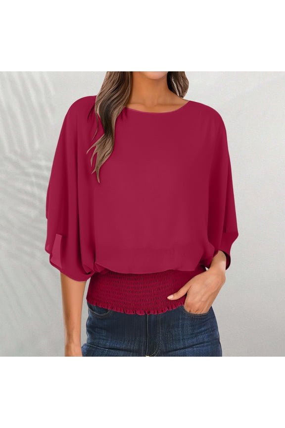Women's Elegant Chiffon Blouse, Boat Neck Batwing Sleeve Poncho Top with Elastic Hem Cinch, Flowy and Formal Casual Tops for Daily Wear or Special Occasions Red M