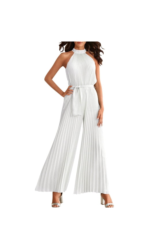 Women's Elegant Chiffon Jumpsuit Sleeveless High Waisted Wide Leg Party Romper With Pockets Stylish Semi Formal Overalls