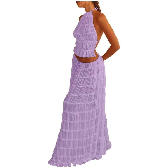 Women's Elegant Chiffon Pleated Maxi Skirt Set - High Neck Crop Top with Wooden Bead Detail