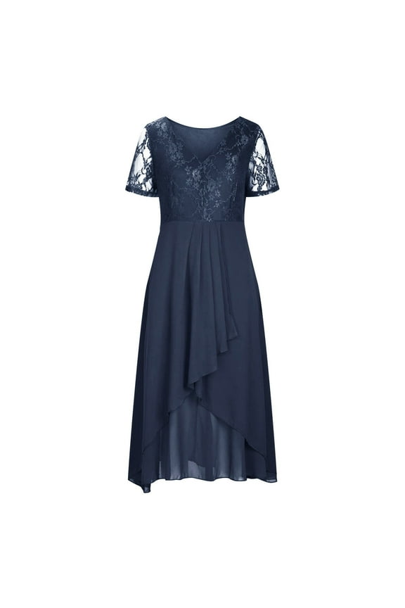 Women's Elegant Chiffon V Neck Lace Long Dress Casual Evening Party Gown Flowy Summer Maxi Dress with Hollow Detailing