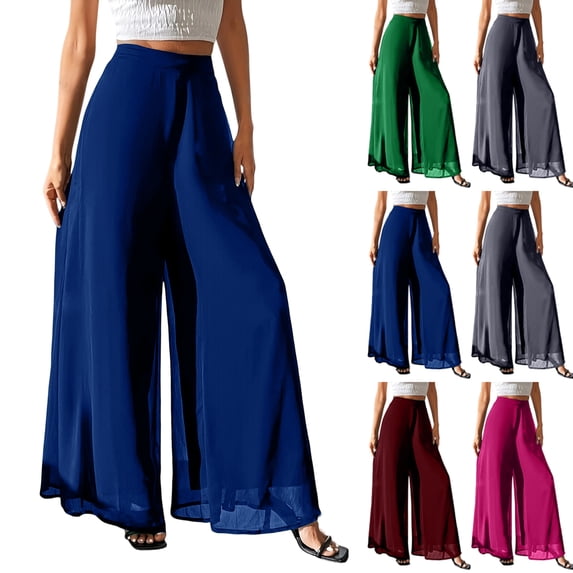 Women's Elegant Chiffon Wide Leg Dress Pants High Waist Flowy Office Party Trousers Wine S