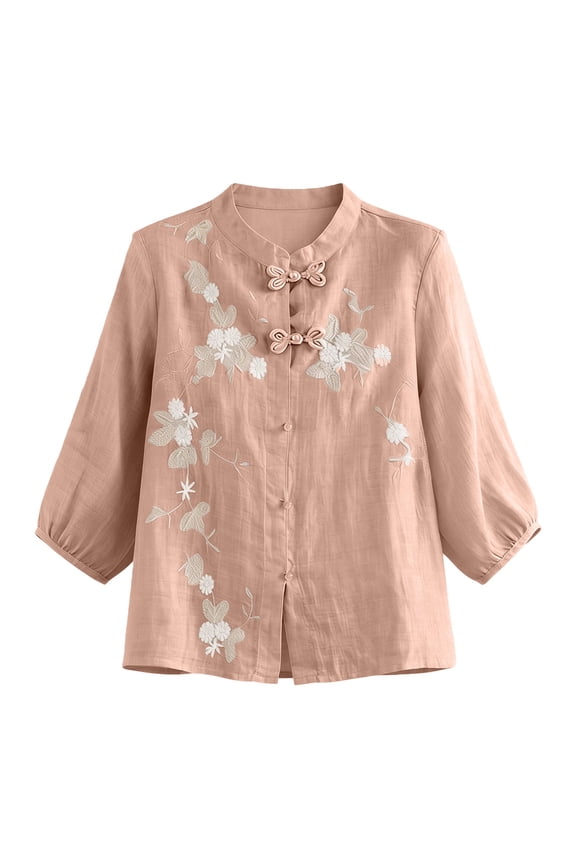 Women's Elegant Chinese Style Retro Shirt, 3/4 Sleeve Mandarin Collar Knot Button Blouse, Solid Color Embroidered Elegant Top, Vintage Loose Fit Casual Tops for Women, Vintage Blouse for Women Pink M