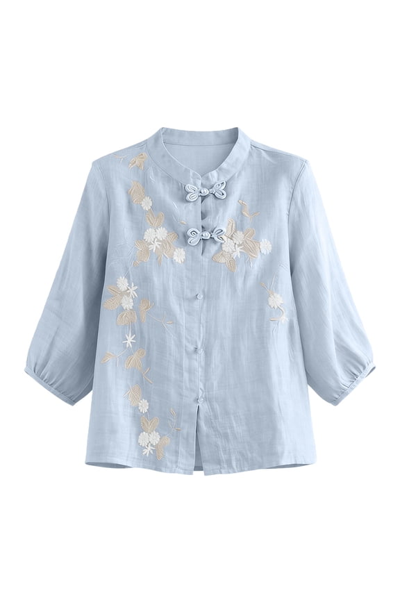 Women's Elegant Chinese Style Retro Shirt, 3/4 Sleeve Mandarin Collar Knot Button Blouse, Solid Color Embroidered Elegant Top, Vintage Loose Fit Casual Tops for Women, Vintage Blouse for Women Blue