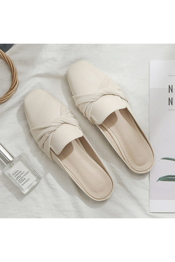 Women's Elegant Closed-Toe Mule Flats, Premium Vegan Leather Slip-On Half Slippers with Knotted Vamp Detail, Lightweight Flexible Non-Slip Rubber Sole for Casual Office Brunch Everyday Wear