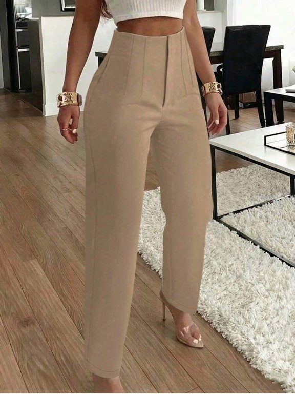 Women's Elegant Commute Pleated Side Pocket Slim Leg Long Pants Casual