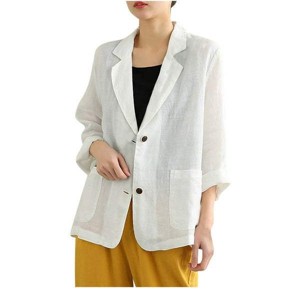 Women's Elegant Cotton Linen Blazer Long Sleeves Regular Fit Basic Jacket Business Casual Lightweight Summer Blazers Solid Color Work Coat Blazer with 2 Button Pockets
