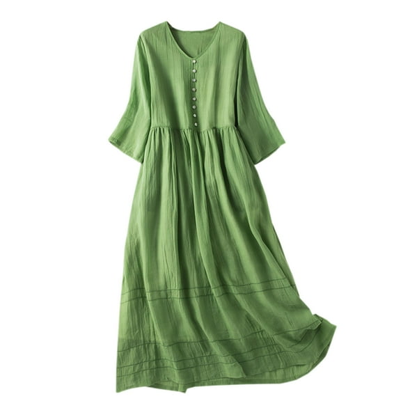 Women's Elegant Cotton Linen Dress Summer Casual Half Sleeve V Neck Loose Double Layers Flowy Long Dresses